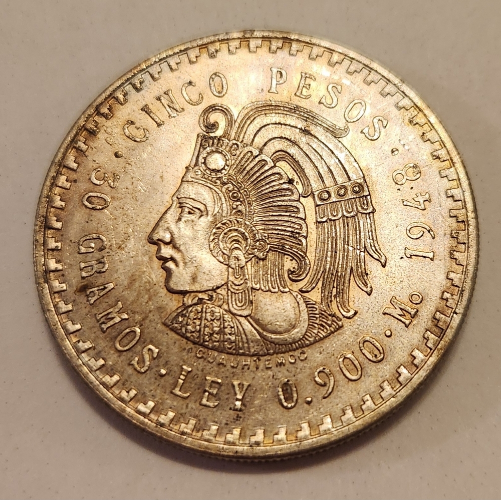 1948 Mexico Silver Cinco Pesos Coin 30 Grams Of Silver